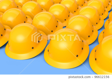 Set of safety helmets or hard caps for carpentry work in row on blue background Set of safety helmets or hard caps for carpentry work in row on blue background 96612156