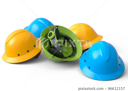 Heap of safety helmets or hard caps for carpentry work on white background 96612157