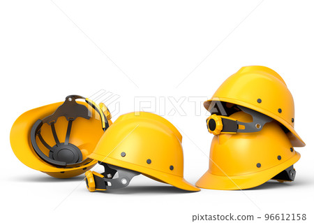 Heap of safety helmets or hard caps for carpentry work on white background 96612158