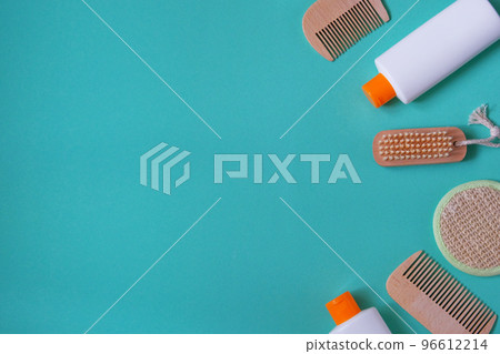 Natural cosmetics products. Cosmetic products for body and hair care on light blue background. Top view, space for text. 96612214
