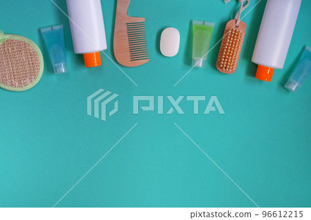 Natural cosmetics with wheat on light blue background. Natural cosmetics products.Top view, space for text. 96612215