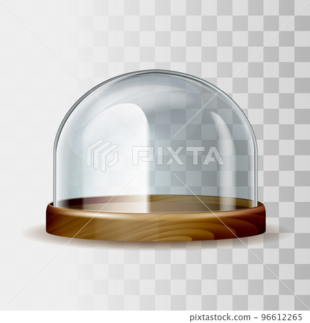 Transparent glass dome and wooden tray in 3D realistic design. 96612265