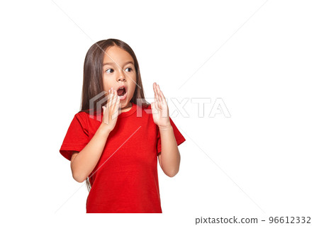 Portrait of little surprised girl excited scared. Isolated on white background 96612332