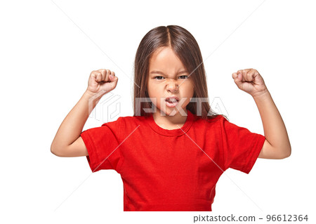 Beautiful girl in red t-shirt shakes her two fists 96612364