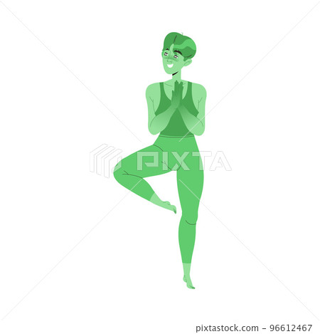 Young Man Practicing Yoga Standing in Tree Pose Vector Illustration 96612467