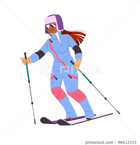 Woman Character Skiing at Mountain Ski Resort in Winter Season Vector Illustration Woman Character Skiing at Mountain Ski Resort in Winter Season Vector Illustration 96612531