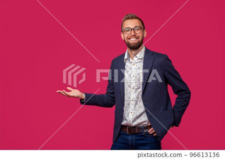 Studio shot of attractive brunette business man with glasses, in casual shirt, stylish black jacket, smiling. Studio shot of attractive brunette business man with glasses, in casual shirt, stylish black jacket, smiling. 96613136