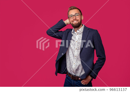 Studio shot of attractive brunette business man with glasses, in casual shirt, stylish black jacket, smiling. Studio shot of attractive brunette business man with glasses, in casual shirt, stylish black jacket, smiling. 96613137