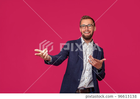 Studio shot of attractive brunette business man with glasses, in casual shirt, stylish black jacket, smiling. 96613138