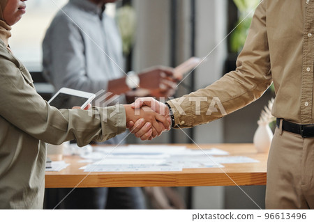 Close-up of handshake of two young intercultural business partners 96613496