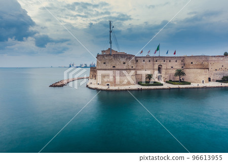 Aragonese Castle of Taranto and revolving bridge on the channel between Big and Small sea. Puglia, Italy. 96613955