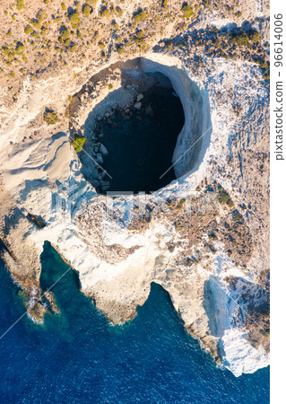 View of the volcanic open cave of Sykia, Milos island, Cyclades, Greece 96614006