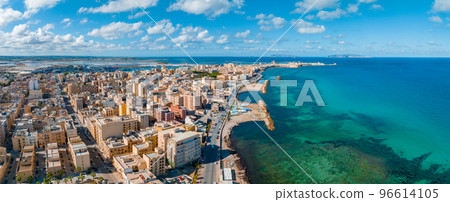 Aerial panoramic view of Trapani harbor, Sicily, Italy. Beautiful holiday town in Italy. Aerial panoramic view of Trapani harbor, Sicily, Italy. Beautiful holiday town in Italy. 96614105