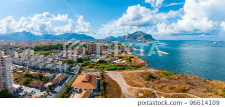 Aerial panoramic view of Palermo town in Sicily. Italy near the Mondello white sand beach in and beautiful lagoon. Aerial panoramic view of Palermo town in Sicily. Italy near the Mondello white sand beach in and beautiful lagoon. 96614109