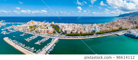 Aerial panoramic view of Trapani harbor, Sicily, Italy. Beautiful holiday town in Italy. Aerial panoramic view of Trapani harbor, Sicily, Italy. Beautiful holiday town in Italy. 96614112