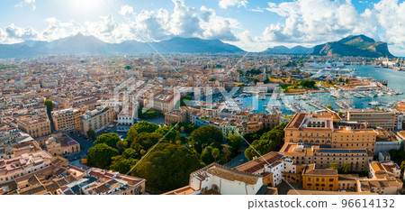 Aerial panoramic view of Palermo town in Sicily. Italy near the Mondello white sand beach in and beautiful lagoon. 96614132