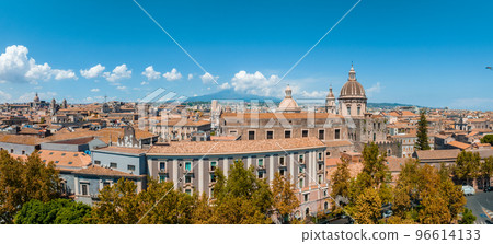 Aerial view on via Etnea in Catania. Dome of Catania and the main street with the background of volcano Etna, Sicily, Italy. Catania the UNESCO World Heritage. 96614133