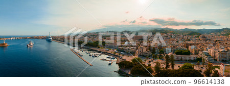 Messina, Sicily, Italy, August 20, 2022. View of the Messina's port with the gold Madonna della Lettera statue Messina, Sicily, Italy, August 20, 2022. View of the Messina's port with the gold Madonna della Lettera statue 96614138