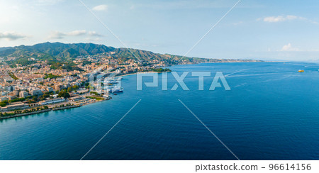 Messina, Sicily, Italy, August 20, 2022. View of the Messina's port with the gold Madonna della Lettera statue 96614156
