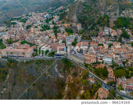 Panoramic aerial view of Isola Bella island and beach in Taormina. Giardini-Naxos bay, Ionian sea coast, Taormina, Sicily, Italy Panoramic aerial view of Isola Bella island and beach in Taormina. Giardini-Naxos bay, Ionian sea coast, Taormina, Sicily, Italy 96614169