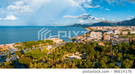 Aerial panoramic view of Palermo town in Sicily. Italy near the Mondello white sand beach in and beautiful lagoon. 96614176