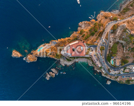Panoramic aerial view of Isola Bella island and beach in Taormina. Giardini-Naxos bay, Ionian sea coast, Taormina, Sicily, Italy 96614196