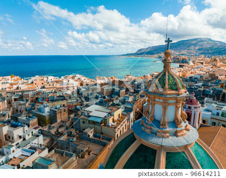 Aerial panoramic view of Trapani harbor, Sicily, Italy. Beautiful holiday town in Italy. Aerial panoramic view of Trapani harbor, Sicily, Italy. Beautiful holiday town in Italy. 96614211