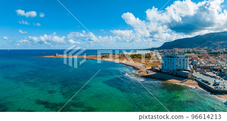Aerial panoramic view of Trapani harbor, Sicily, Italy. Beautiful holiday town in Italy. Aerial panoramic view of Trapani harbor, Sicily, Italy. Beautiful holiday town in Italy. 96614213