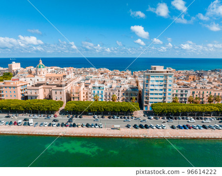 Aerial panoramic view of Trapani harbor, Sicily, Italy. Beautiful holiday town in Italy. Aerial panoramic view of Trapani harbor, Sicily, Italy. Beautiful holiday town in Italy. 96614222