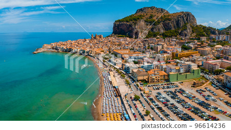 Aerial scenic view of the Cefalu, medieval village of Sicily island, Province of Palermo, Italy Aerial scenic view of the Cefalu, medieval village of Sicily island, Province of Palermo, Italy 96614236