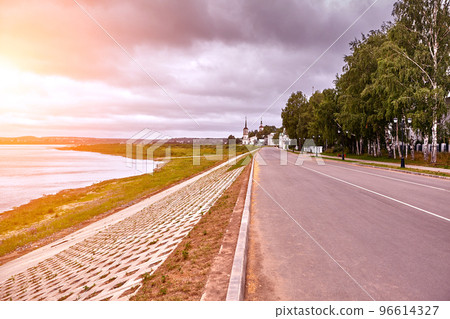 City river embankment in summer scene. River in summer view church. City river embankment in summer scene. River in summer view church. 96614327