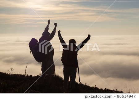 Excited family hiking on summer Excited family hiking on summer 96614947