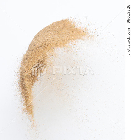 Sand flying explosion, Golden sand wave explode. Abstract sands cloud fly. Yellow colored sand splash throwing in Air. White background Isolated high speed shutter, throwing freeze stop motion 96615526