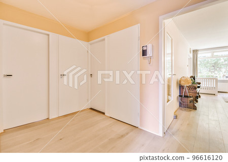 Light narrow hallway with many doors in white walls and glowing lamp over lumber floor 96616120