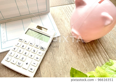 White calculator, passbook and piggy bank 96616351