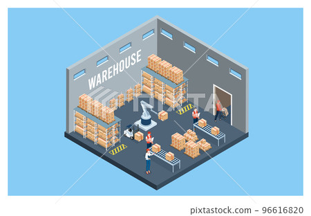 3D isometric logistics Warehouse Work Process Concept with Transportation operation service, Export, Import, Cargo, Forklif, Delivery Truck. Vector illustration EPS 10 96616820