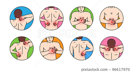 Body pains sketch set. Pain in the human body. Ache in head, neck, shoulder, knee, chest, abdomen, wrist, back, elbow. 96617970