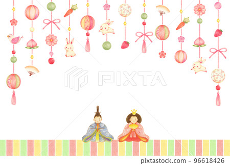 Hinamatsuri background with Hina dolls and hanging Hina dolls Horizontal hand-drawn colored pencil drawing Hinamatsuri background with Hina dolls and hanging Hina dolls Horizontal hand-drawn colored pencil drawing 96618426