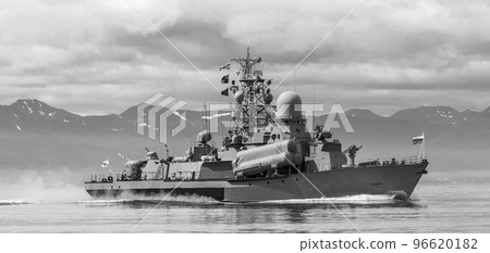 Russian warship going along the coast of Kamchatka 96620182