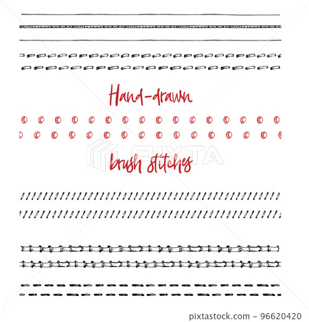 Set of hand-drawn sewing needle seam brushes in vintage art style isolated on white background Imitation of a manual stitch on leather belt 96620420