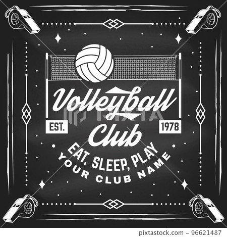 Volleyball club badge design on chalkboard. Vector illustration. For college league sport club emblem, sign, logo. Vintage monochrome label, sticker, patch with volleyball ball and net silhouettes. Volleyball club badge design on chalkboard. Vector illustration. For college league sport club emblem, sign, logo. Vintage monochrome label, sticker, patch with volleyball ball and net silhouettes. 96621487