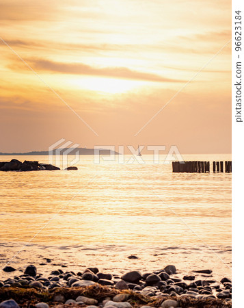 White yacht sailing in Baltic see between Ruegen and Hiddensee islands. 96623184