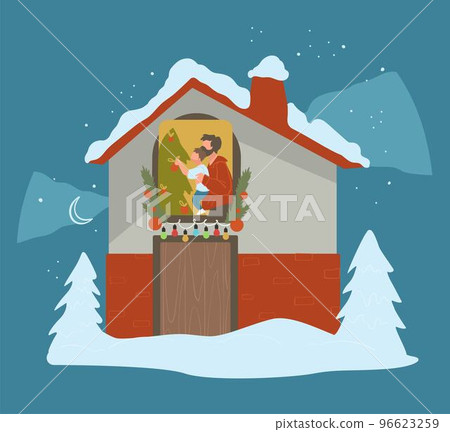 House with snowy rooftop, Christmas celebration 96623259