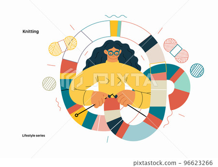 Lifestyle series - Knitting - modern flat vector illustration of a woman wearing glasses knitting a long striped scarf with knitting needles. People activities concept 96623266