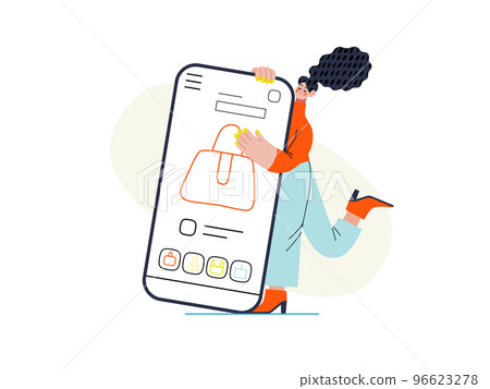 Shopping application - Online shopping and electronic commerce series - modern flat vector concept illustration of a woman with her mobile phone. Promotion, discounts, sale and online orders concept 96623278