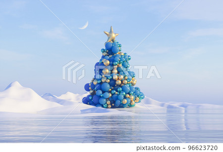 Abstract Winter Christmas tree with geomtric sphere. 3d winter landscape background. Abstract Winter Christmas tree with geomtric sphere. 3d winter landscape background. 96623720
