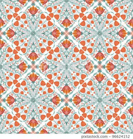 Folk art pattern with geometric floral mandala composition on white background. Vector botanical seamless texture with decorative flowers Folk art pattern with geometric floral mandala composition on white background. Vector botanical seamless texture with decorative flowers 96624152