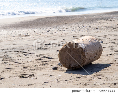 漂流木在沙灘上。 96624533