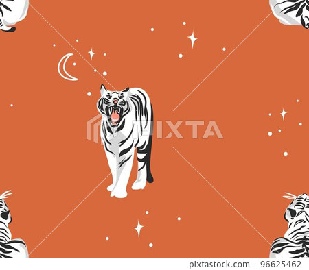 Hand drawn vector abstract modern graphic illustrations,safari boho contemporary seamless pattern print with exotic wild white tigers animals moon and stars,striped texture.Tiger animal design concept 96625462