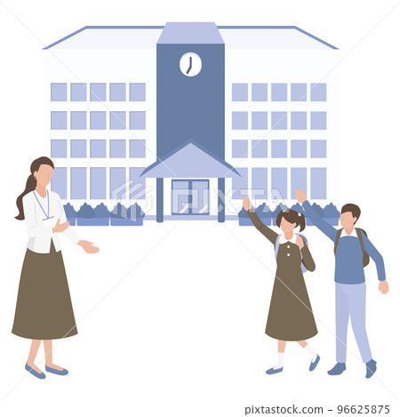 開朗上學的男女小學生和迎接他們的老師 96625875